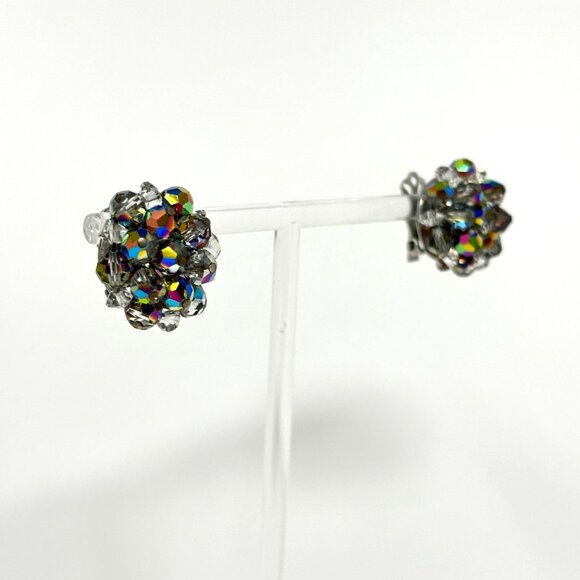 Vintage 60s Beaded Earrings Smokey Holographic Bead Clip On's - Picture 1 of 6